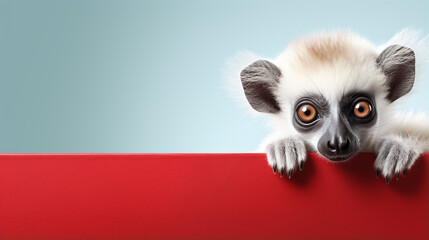 text space for advertising with funny  portrait of a cute lemur monkey peeking over a colored panal - obrazy, fototapety, plakaty
