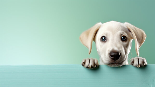 text space for advertising with funny part as portrait of a puppy dog labrador peeking over a colored panal