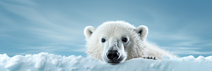 Obraz premium text space for advertising with funny part as portrait of a icebear peeking over a colored panal