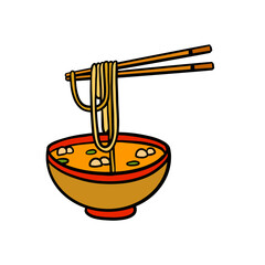 Ramen noodles and wooden sticks in bowl. Chopsticks with long pasta. Asian Japanese and Chinese food.