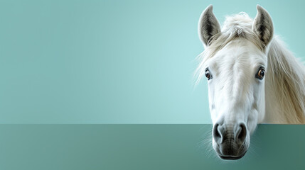 text space for advertising with funny part as portrait of a horse peeking over a colored panal - obrazy, fototapety, plakaty