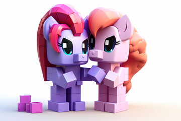 Two pink and purple cute in love unicorns with hair in the style of blocks on a white background