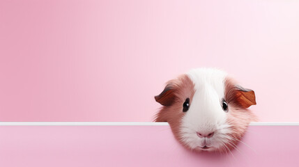 text space for advertising with funny part as portrait of a guinea pig peeking over a colored panal - obrazy, fototapety, plakaty