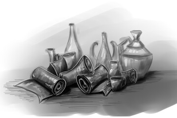 still life with jugs and scrolls, black and white sketch