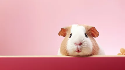 Foto op Plexiglas text space for advertising with funny part as portrait of a guinea pig peeking over a colored panal © bmf-foto.de