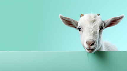 text space for advertising with funny part as portrait of a goat peeking over a colored panal