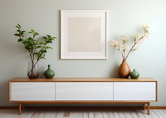 Mock up square frame, Empty square frame mockup wooden on the wooden cabinet in modern minimalist interior on white wall background, Scandinavian style