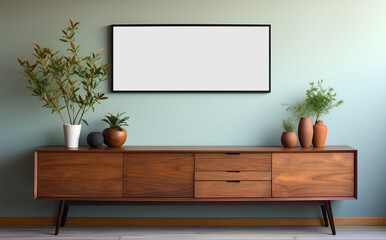 Mock up square frame, Empty square frame mockup wooden on the wooden cabinet in modern minimalist interior on white wall background, Scandinavian style