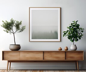 Mock up square frame, Empty square frame mockup wooden on the wooden cabinet in modern minimalist interior on white wall background, Scandinavian style