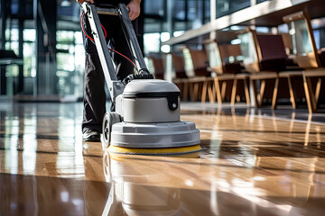  Worker polishing hard floor with high speed polishing machine