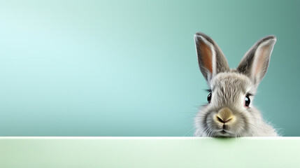 text space for advertising with funny part as portrait of a bunny peeking over a colored panal