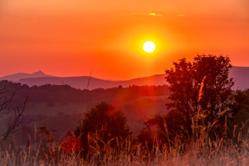 Color dark hot meadow with sunset color view of summer sun