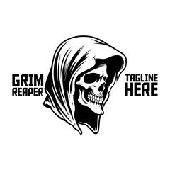 Vector Illustration of a Monochrome Grim Reaper: Death, Skull, Skeleton, Face, Hand-Drawn Element for Logo, Label, Emblem, Sign, Brand Mark, Poster, T-Shirt Print