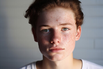 Teenage boy with pimple on face, Skin Care for boys and Blemish Solutions concept. Digital Ai - obrazy, fototapety, plakaty
