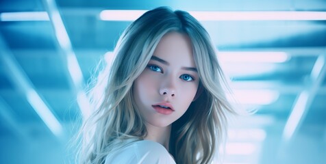 Fototapeta premium Beautiful girl on a blue background. The girl in blue. Generative AI