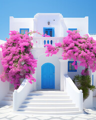 a white house in cyprus, greece with blue doors and purple flower in the style of pop inspo