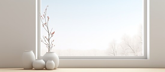 Simple white room with vases, wooden floor, decor on wall, and window with landscape view. Nordic home interior. illustration.