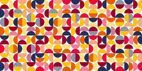Geometric trendy pattern, Bauhaus style. Modern colorful background with simple elements. Retro texture with basic geometric shapes. Print design, minimalist poster cover. Vector illustration