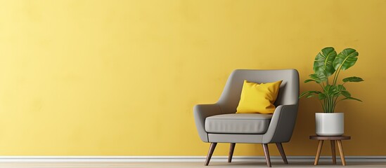 Yellow wall with text space and grey armchair, table, and houseplants in living room.