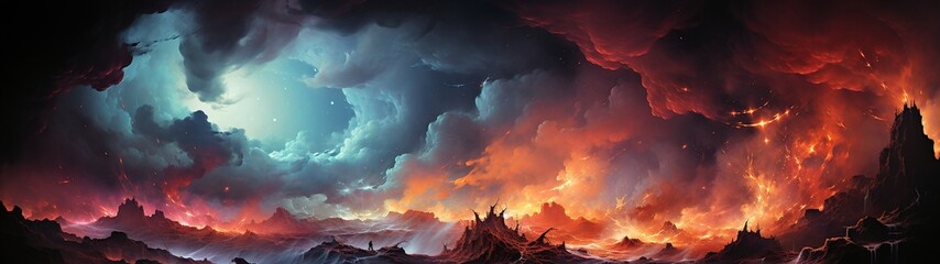 Naklejka premium A gloomy fantasy landscape with fiery rivers of magma and black clouds of smoke. High quality illustration