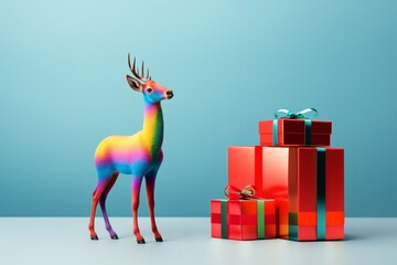 A reindeer in rainbow colors next to Christmas presents wrapped in red paper with green bow. Season greetings concept. Generative AI