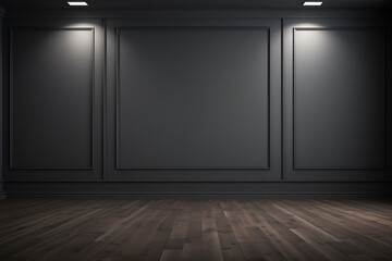 black empty wall and wooden floor with interesting glare of lights . Interior background for the product presentation 