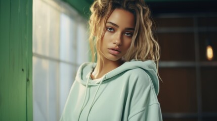 Beautiful girl on a green background. The girl in green. Generative AI