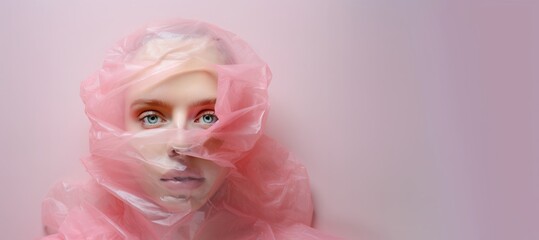 Girl wrapped in plastic . Minimal concept of global issue of danger, harm and effects of pollution or urgency of environmental protection. 
