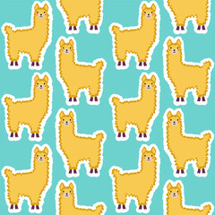 Vector sticker pattern with llama.Tropical jungle cartoon creatures.Pastel animals background.Cute natural pattern for fabric, childrens clothing,textiles,wrapping paper