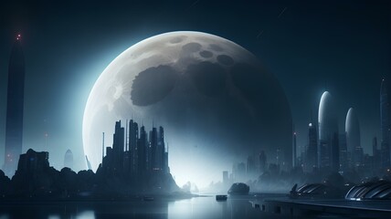 A Futuristic Sleek looking City with a giant moon in the background 