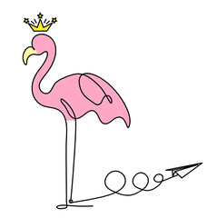 Silhouette of abstract  color flamingo with paper plane as line drawing on white