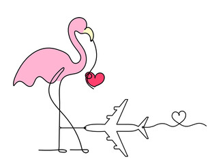 Silhouette of abstract  color flamingo with plane as line drawing on white