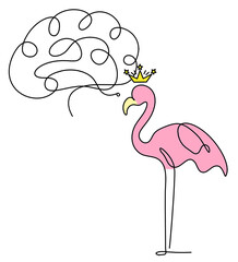 Silhouette of abstract  color flamingo with brain as line drawing on white