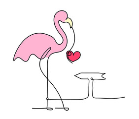 Silhouette of abstract  color flamingo with direction as line drawing on white