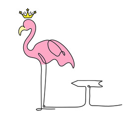Silhouette of abstract  color flamingo with direction as line drawing on white