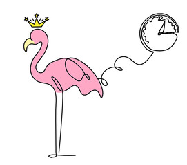 Silhouette of abstract  color flamingo with clock as line drawing on white