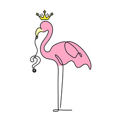 Silhouette of abstract  color flamingo with question mark as line drawing on white