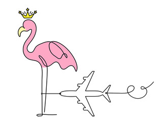 Fototapeta premium Silhouette of abstract color flamingo with plane as line drawing on white