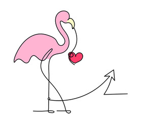 Silhouette of abstract  color flamingo with direction as line drawing on white