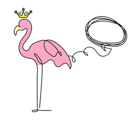 Silhouette of abstract  color flamingo with comment as line drawing on white
