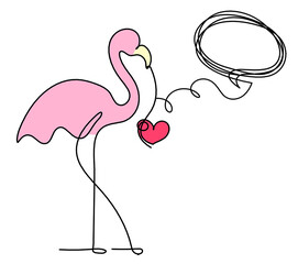 Silhouette of abstract  color flamingo with comment as line drawing on white