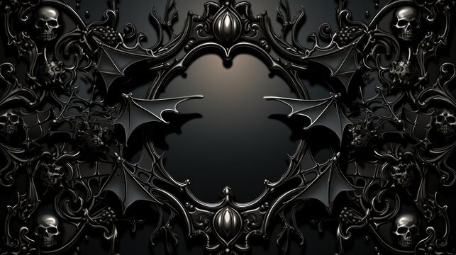 Gothic black background with skulls and bats, AI