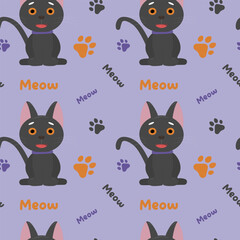 Seamless pattern of black cats, animal paws. Vector illustration on a purple background. template for wrapping, wrapping gifts for Halloween
