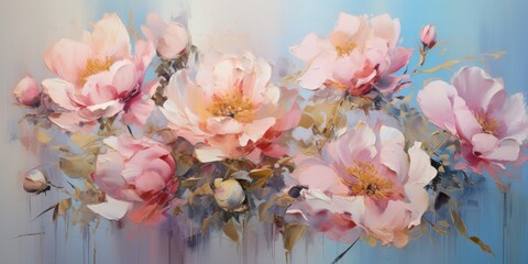 Pink peony flowers on abstract blue background, wall art poster in oil painting style