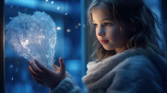 A little girl stands at the window and attaches a garland in the shape of a heart to it. Blurred background outside the window. The concept of creating comfort and festive mood. Design for cover, card