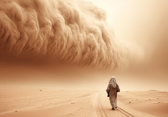 Man going into sandstorm. Dramatic sand storm in desert. Digital art. Abstract desert landscape background. Sand dune. Danger and power of wild nature. Illustration for design.