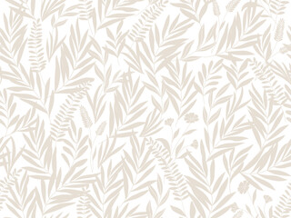 Seamless floral background with leaves. Hand drawn minimal abstract organic shapes pattern. Vector white abstact pattern with grey leaves and flowers.