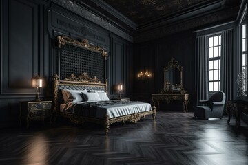 Opulent black bedroom featuring a spacious regal bed in a modern, clean, and atmospheric castle...