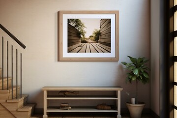 Mockup of a picture frame in a beautiful farmhouse hallway, rendered in 3D. Generative AI