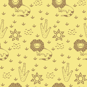 Vector sticker pattern with lizard.Tropical jungle cartoon creatures.Pastel animals background.Cute natural pattern for fabric, childrens clothing,textiles,wrapping paper.